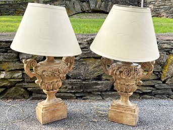 A Pair Of Vintage Carved Wood Urn Form Lamps