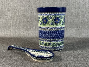 Collectible Polish Pottery Utensil Crock & Spoon Rest