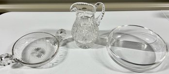 Cut And Pressed Glass -  Nappy, Pitcher, Bowl (3)