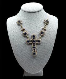 Gorgeous Vintage Sterling Silver Large Heavy Ornate Dark Blue And Clear Stones Cross Necklace