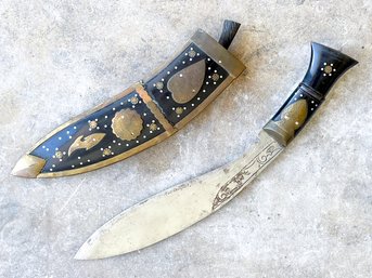 An Antique Middle Eastern Hunting Knife In Embellished Brass And Mother Of Pearl Sheath