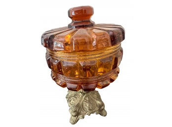 Amber Glass Candy Dish With Metal Base