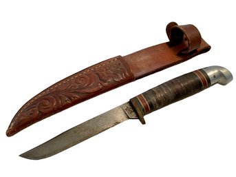 Vintage Boy Scout Knife With Tooled Leather Belt Sheath, WESTERN, Boulder, Colorado, Made In USA