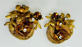VINTAGE GOLD TONE RHINESTONE HASKELL STYLE CLIP-ON EARRINGS