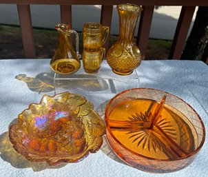 5 Piece Vtg Amber Glass Lot: Carnival Glass Berry Bowl, Divided Dish, Bud Vase, Cruet, 2 Barrel Shot Glasses