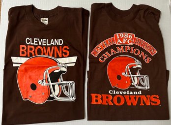 Lot Of 2 NOS Never Worn 1986 Cleveland Brown Tee Shirts  1 Logo, 1 AFC 1986 Champs Both By Trench U.S.A. READ