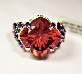 Large Red Spinel Gemstone Sterling Silver Ring Having Amethyst Stones Size 7