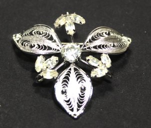 Vintage Sterling Silver Brooch With White Rhinestones