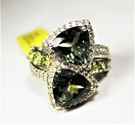 Large Peridot Sterling Silver And White Sapphire Ladies Cocktail Ring Size 7