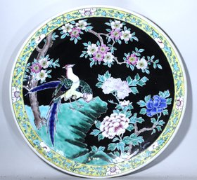 Antique Chinese Famille Noir Porcelain Charger Having Flowers And Birds