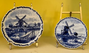 1989 Vintage Delft Porcelain Windmill Plates With Brass Easel