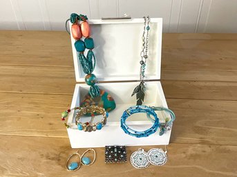 Small White Box Of Turquoise Jewelry