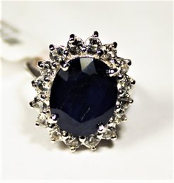 Large Genuine Sapphire Gemstone Ring Having Spinel Sterling Silver Size 6