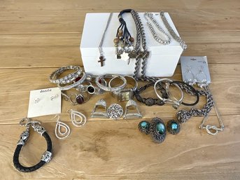 Assortment Of Silver-tone Fashion Jewelry And Box
