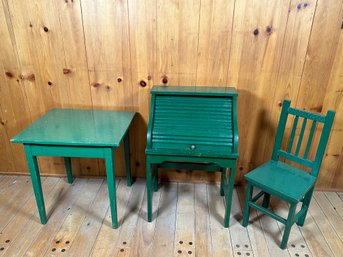 Vintage Childs Green Painted Roll Top Desk, Chair & Table