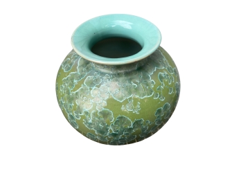 SIGNED Gorgeous Hand-glazed Ceramic Pot With Botanical Pattern - Green On Green