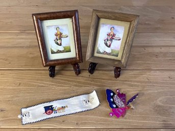 Two Petite Framed Watercolor Prints And Needle Work Bracelet