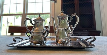 Vintage Wm Rogers Silversmiths Elegant Silver Plate Tea Set - Tea Pot, Coffee Pot, Sugar Bowl & Creamer, Tray