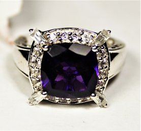 Very Fine Modern Never Worn Sterling Silver Ring Having Square Amethyst Stone Size 7