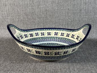 Collectible Polish Pottery Bowl With Open Side Handles