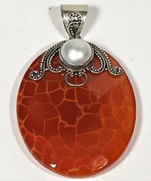 Large Very Fine Carved Carnelian Sterling Silver Pendant