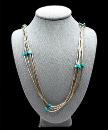Vintage Sterling Liquid Silver Multi Stranded Turquoise Color Beaded Necklace