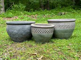 Three Compatible Pottery Planters In Gray Tones