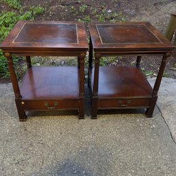 Pair Of Vintage Wood End Tables With Leather Inserts