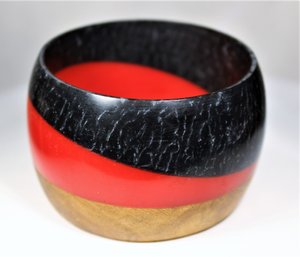 Amazing Large Red, Black And Wood Bakelite Wide Cuff Bracelet