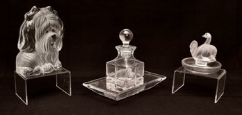 Set Of  3 Crystal Sculptures: Lalique Swan, Viking Crystal Dog, Kristall Krista Crystal Perfume Bottle