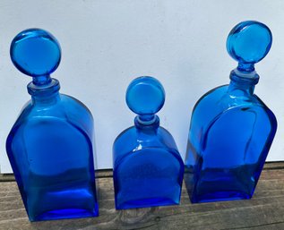 Trio Of Vintage Cobalt Blue Glass Bottles With Stoppers