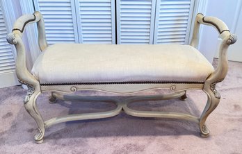 Ivory Carved Wood Cushioned Bench With Nailhead Studded Upholstery