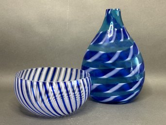 A Spectacular Pairing Of Swirled Blue Art Glass: Bowl & Vase