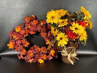 Autumnal Decor: A Leaf & Berry Wreath With A Faux Potted Plant