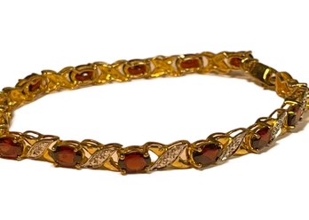 Gold Over Sterling Silver Red Gemstone Link Bracelet 7 1/4' Long`