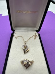 10K Yellow Gold Necklace And Ring - Double Heart