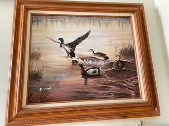 Oil On Canvas Featuring Ducks In Motion, Singed By Artist D. Higgins.