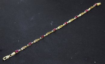 14K Gold Bracelet Tiny Diamonds And Ruby Stones 3.7 Grams