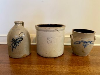 Three Antique Stoneware Crocks & Jug Including Israel Seymour And JA & CW Underwood