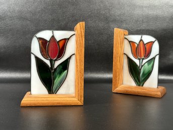 A Very Pretty Pair Of Stained Glass & Oak Bookends