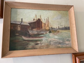 Vintage Oil On Canvas Featuring Docking Boats. Singed By Artist  FH W '55 ?