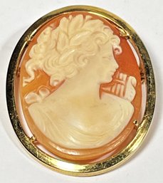 18K Gold Signed Carved Shell Cameo Brooch Pendant