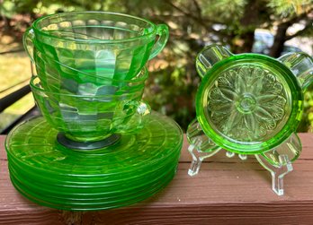 Green Depression Glass Lot: 7 Saucers 3 Cups 'Block Optic' Pattern, Jeanette Glass Sunflower Ashtray