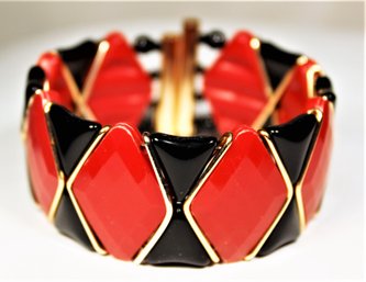 MCM Western Germany Red And Black Gold Tone Plastic Cuff Bracelet