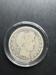 1909 Barber Silver Quarter