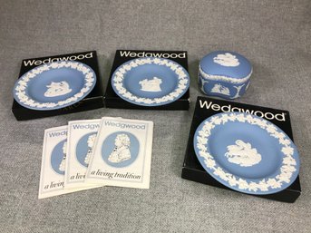 Lovely Four (4) Piece Group WEDGWOOD Blue Jasperware - Three Dishes And Covered Trinket Box - All Never Used