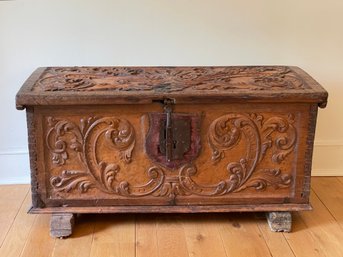 Antique Wooden Chest Carved Scrolls Trunk