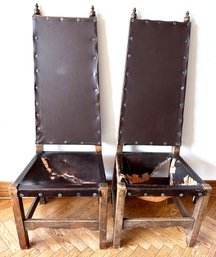 Pair Vintage Wood High Back Mexican Chairs With Leather Seats & Nail Head Decorations