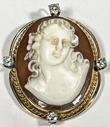 14K Gold And Good Sized Diamonds Hand Carved Shell Cameo Brooch Pendant