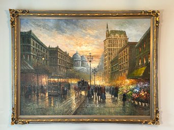 Large Incredible Parisian Street Scene Oil Painting By B Carlter, Beautifully Framed